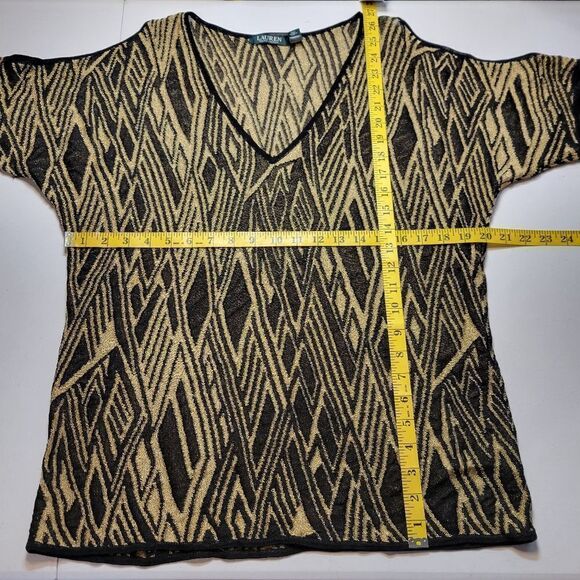 Lauren Ralph Lauren Gold and Black Knit Vneck Cold Shoulder Short Sleeve Top - Picture 9 of 9